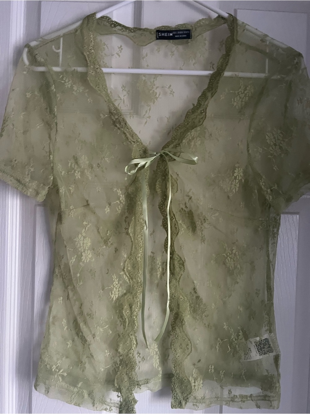 SHEIN Light Sage Sheer Floral Lace Short Robe with Ribbon Tie